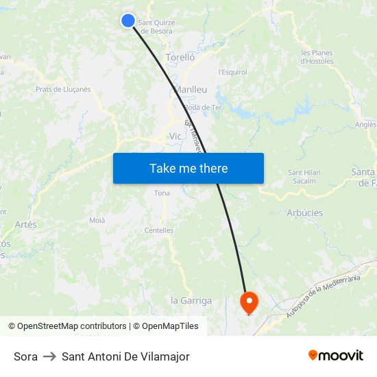 Sora to Sant Antoni De Vilamajor map