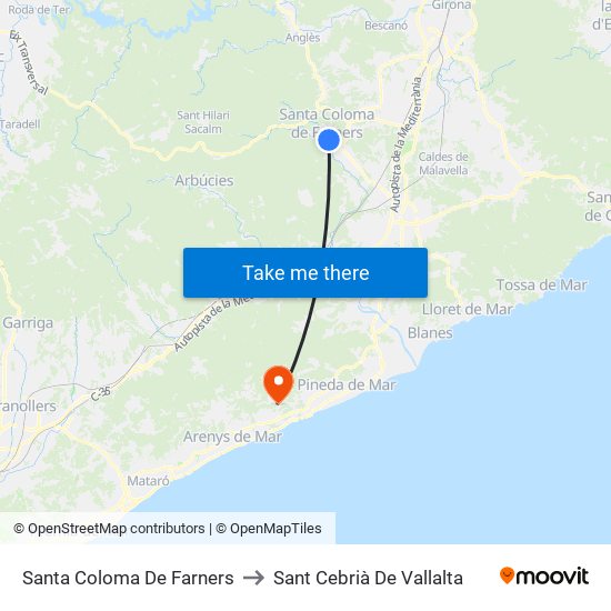 Santa Coloma De Farners to Sant Cebrià De Vallalta map
