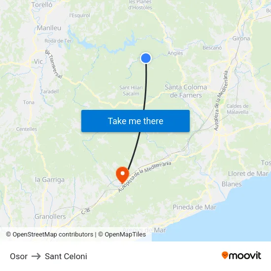 Osor to Sant Celoni map