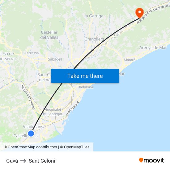 Gavà to Sant Celoni map