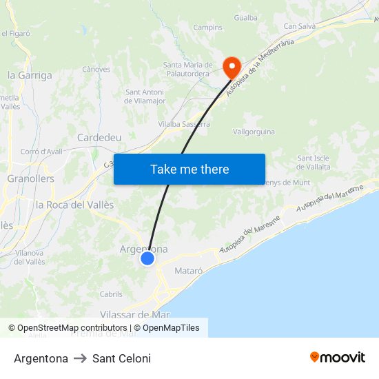 Argentona to Sant Celoni map