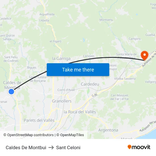 Caldes De Montbui to Sant Celoni map