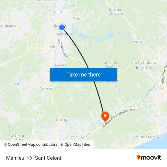 Manlleu to Sant Celoni map