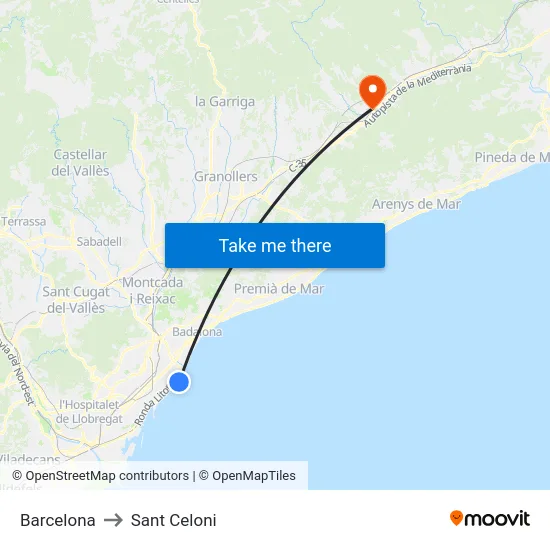 Barcelona to Sant Celoni map