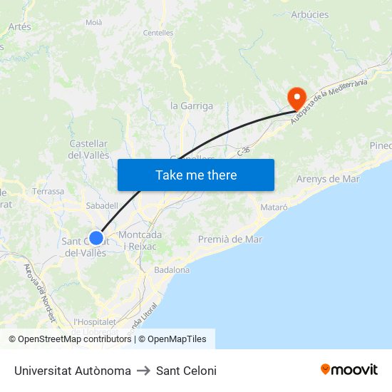 Universitat Autònoma to Sant Celoni map