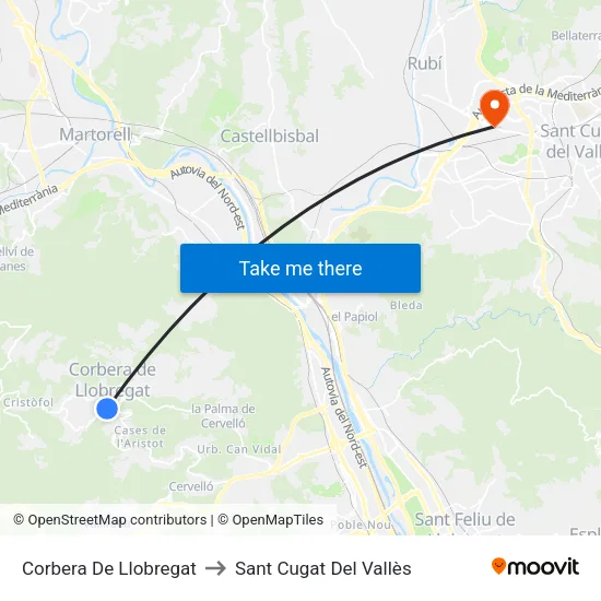 Corbera De Llobregat to Sant Cugat Del Vallès map