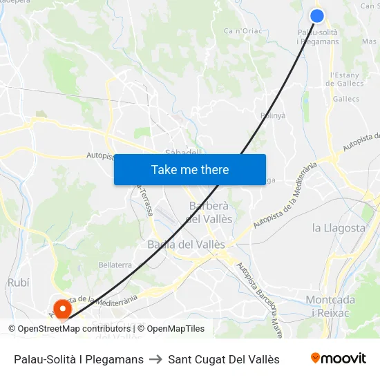Palau-Solità I Plegamans to Sant Cugat Del Vallès map