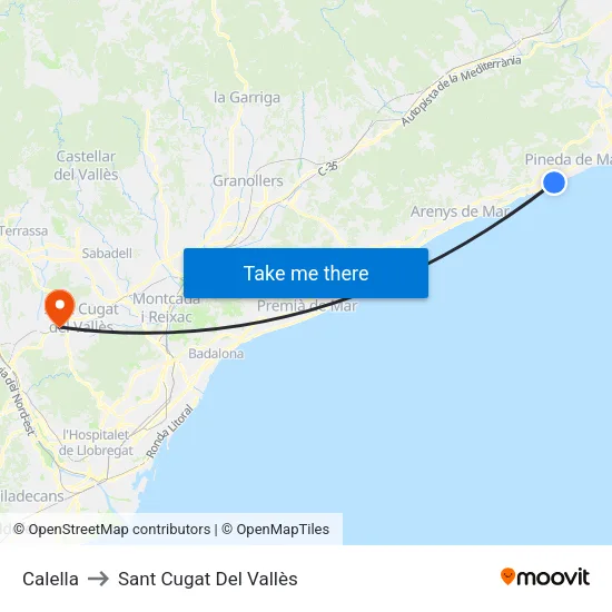 Calella to Sant Cugat Del Vallès map