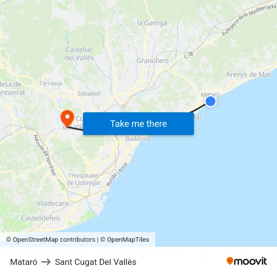 Mataró to Sant Cugat Del Vallès map