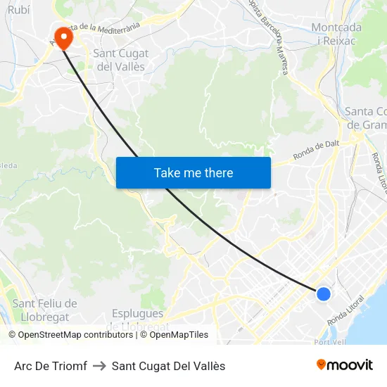 Arc De Triomf to Sant Cugat Del Vallès map