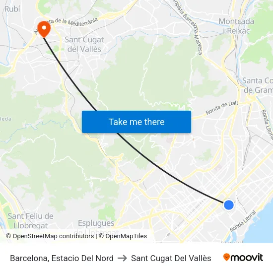 Barcelona, Estacio Del Nord to Sant Cugat Del Vallès map