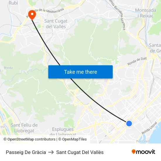 Passeig De Gràcia to Sant Cugat Del Vallès map