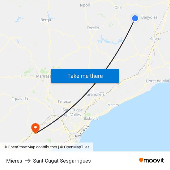 Mieres to Sant Cugat Sesgarrigues map