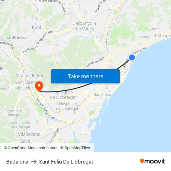 Badalona to Sant Feliu De Llobregat map