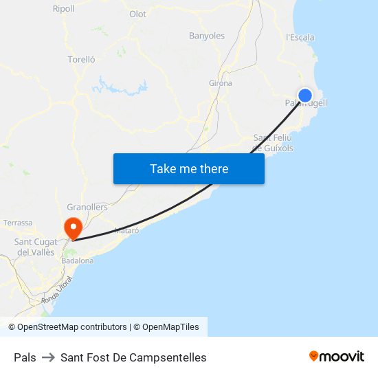 Pals to Sant Fost De Campsentelles map