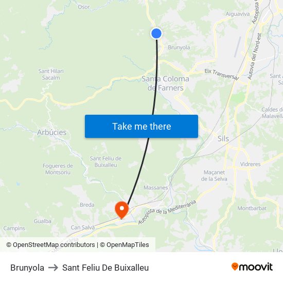 Brunyola to Sant Feliu De Buixalleu map