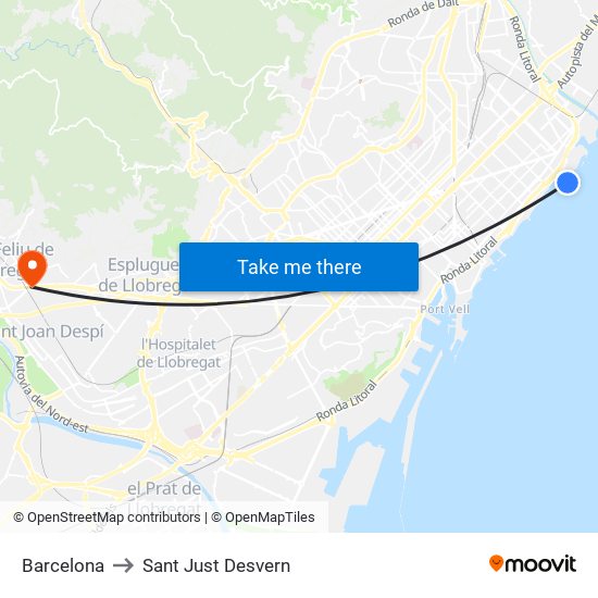 Barcelona to Sant Just Desvern map