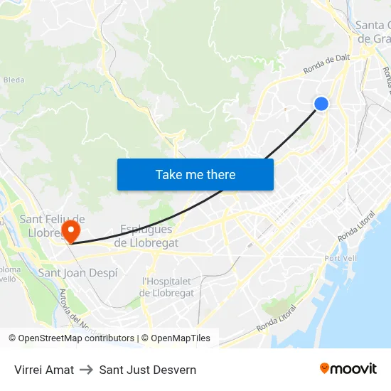 Virrei Amat to Sant Just Desvern map