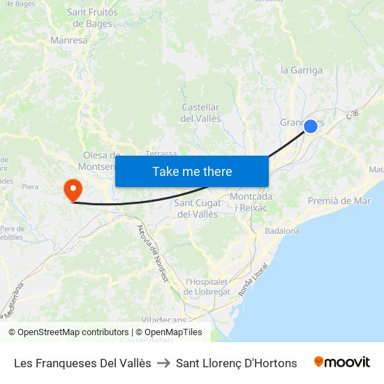 Les Franqueses Del Vallès to Sant Llorenç D'Hortons map