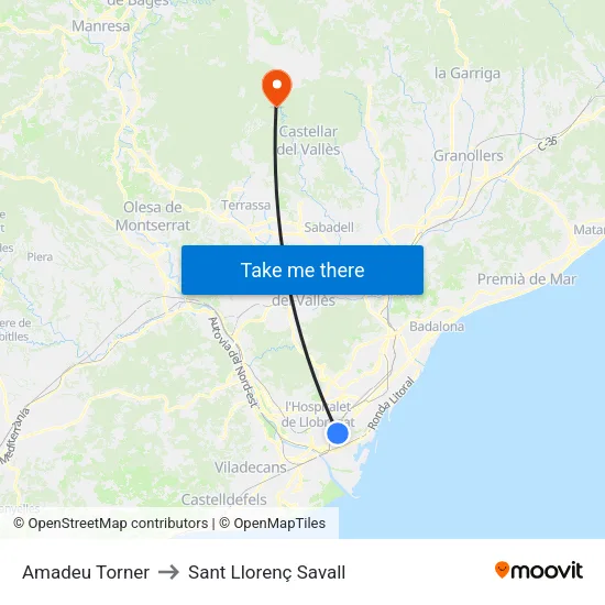 Amadeu Torner to Sant Llorenç Savall map