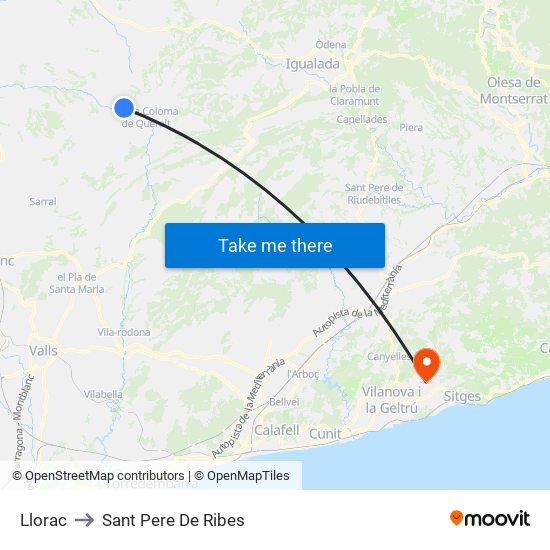 Llorac to Sant Pere De Ribes map