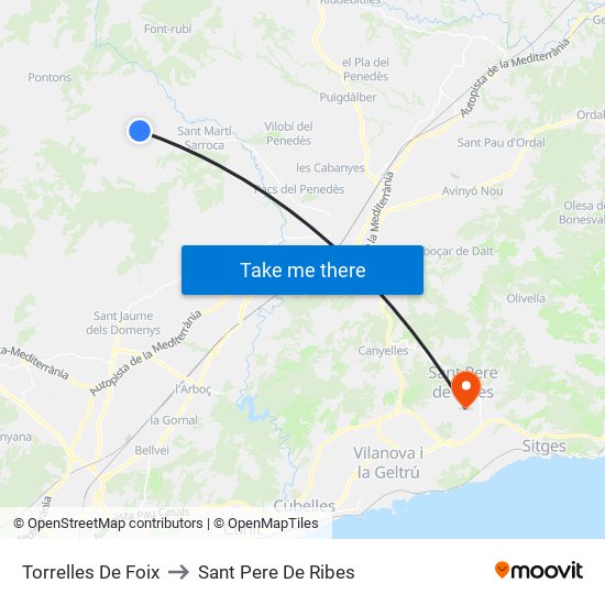 Torrelles De Foix to Sant Pere De Ribes map