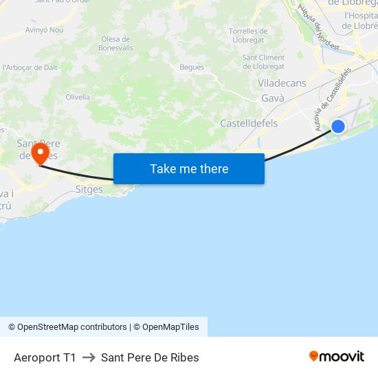 Aeroport T1 to Sant Pere De Ribes map