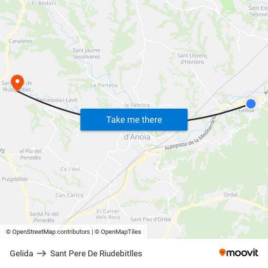 Gelida to Sant Pere De Riudebitlles map