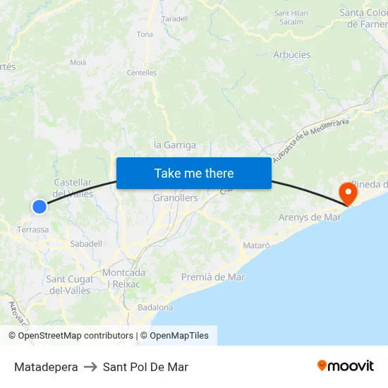 Matadepera to Sant Pol De Mar map