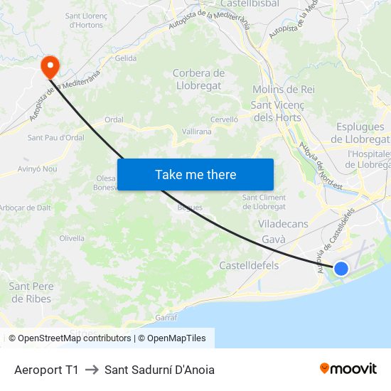 Aeroport T1 to Sant Sadurní D'Anoia map