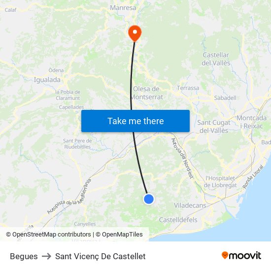 Begues to Sant Vicenç De Castellet map