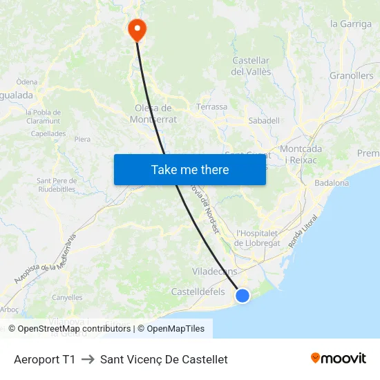 Aeroport T1 to Sant Vicenç De Castellet map