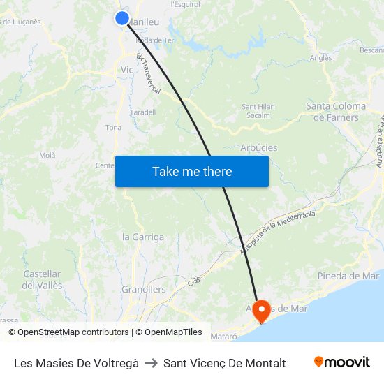 Les Masies De Voltregà to Sant Vicenç De Montalt map