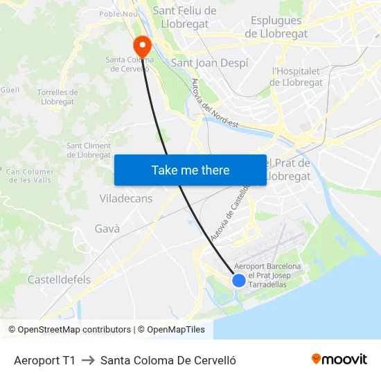 Aeroport T1 to Santa Coloma De Cervelló map