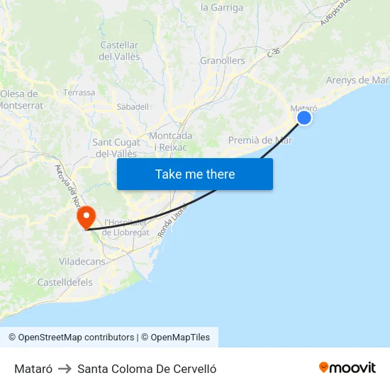Mataró to Santa Coloma De Cervelló map
