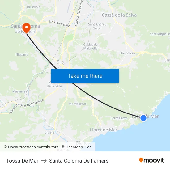 Tossa De Mar to Santa Coloma De Farners map