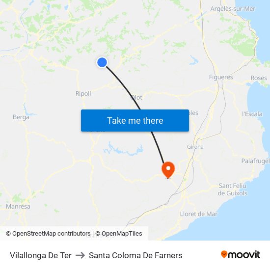 Vilallonga De Ter to Santa Coloma De Farners map