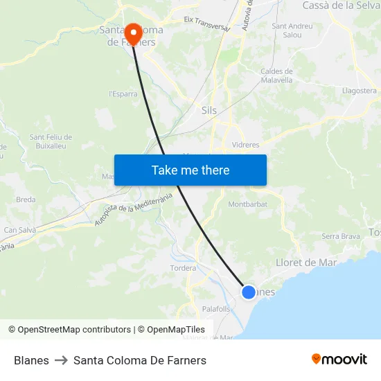 Blanes to Santa Coloma De Farners map
