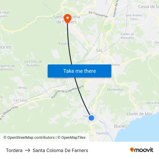 Tordera to Santa Coloma De Farners map