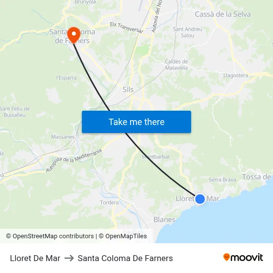 Lloret De Mar to Santa Coloma De Farners map