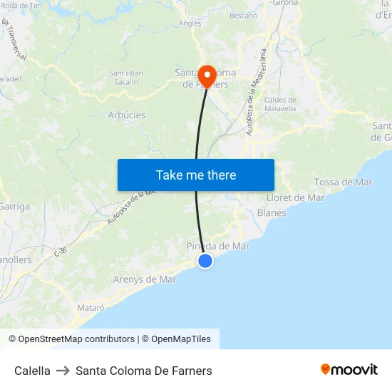 Calella to Santa Coloma De Farners map