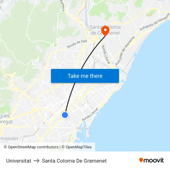 Universitat to Santa Coloma De Gramenet map