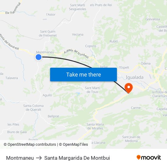 Montmaneu to Santa Margarida De Montbui map