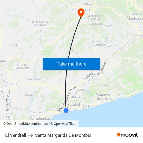 El Vendrell to Santa Margarida De Montbui map