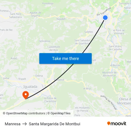Manresa to Santa Margarida De Montbui map