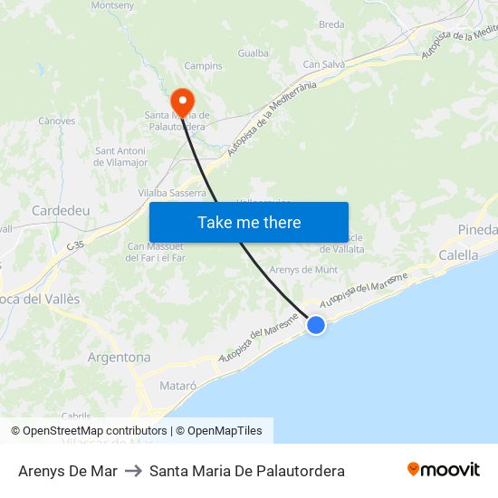 Arenys De Mar to Santa Maria De Palautordera map
