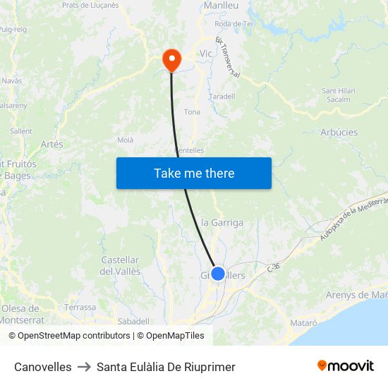 Canovelles to Santa Eulàlia De Riuprimer map