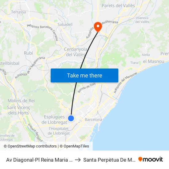 Av Diagonal-Pl Reina Maria Cristina to Santa Perpètua De Mogoda map