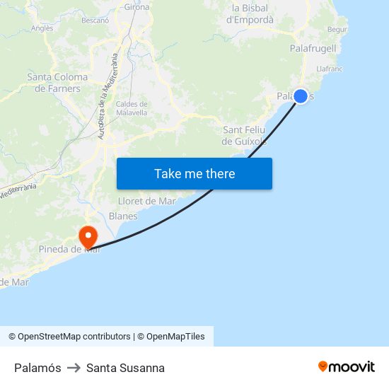 Palamós to Santa Susanna map