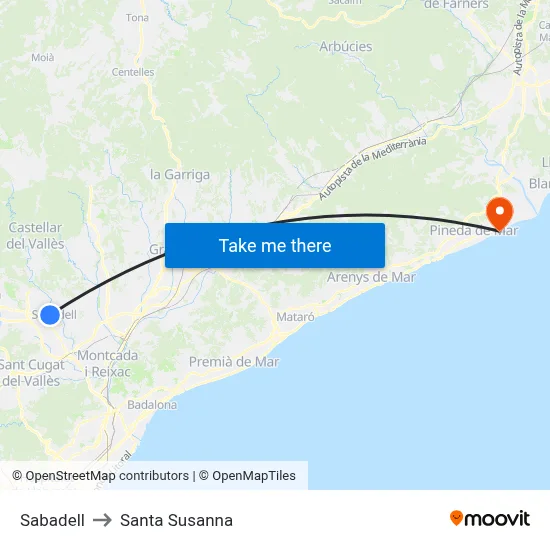 Sabadell to Santa Susanna map